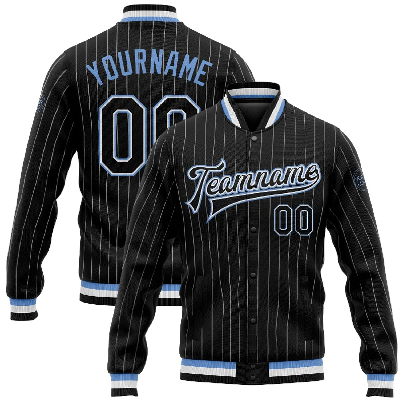 Comfortable And Stylish Unisex Outfits Top Brand Discounts Custom Black White Pinstripe Light Blue Bomber Full-Snap Varsity Letterman Jacket