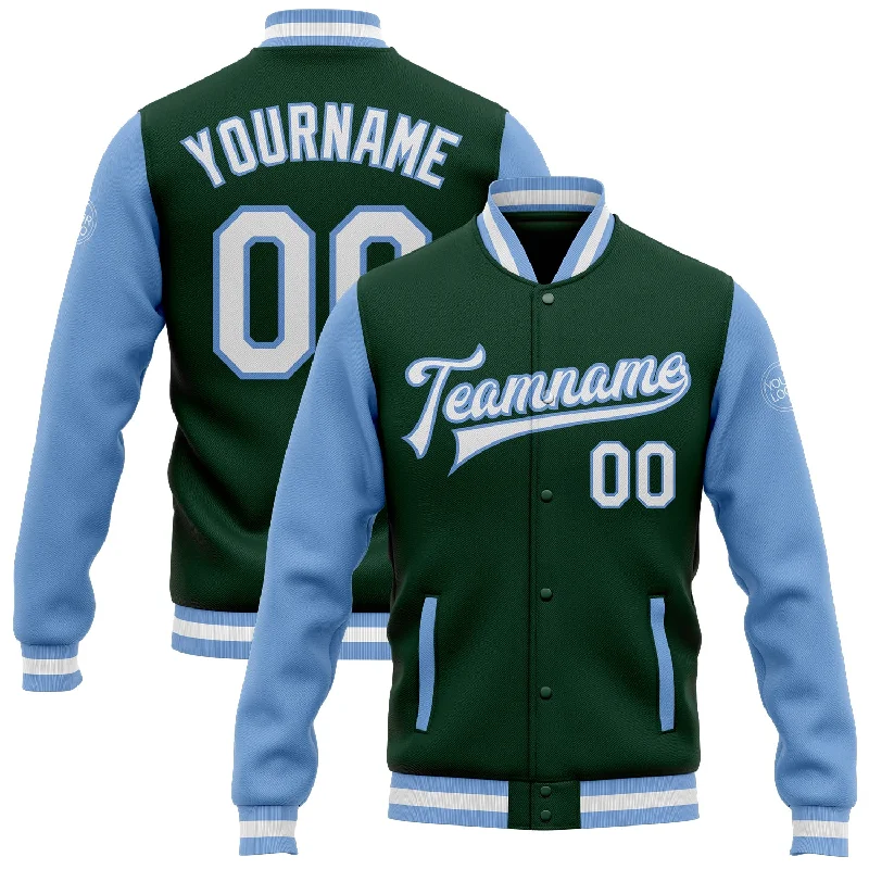 Functional And Stylish Unisex Outerwear Special Offer For You Custom Green White-Light Blue Bomber Full-Snap Varsity Letterman Two Tone Jacket