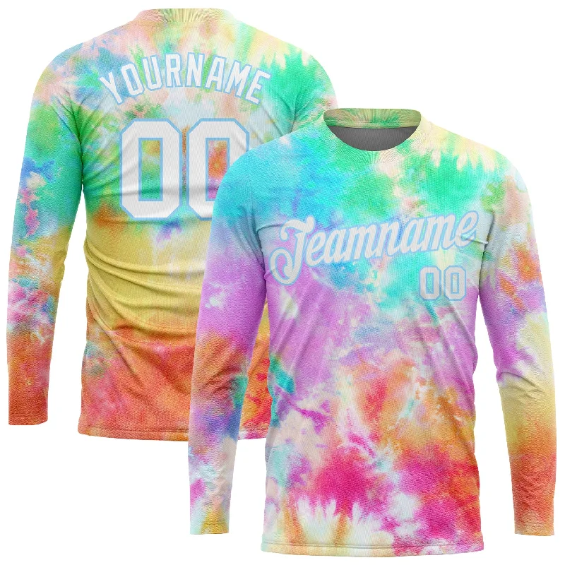 Trendy Unisex Classic Chic Deals Custom Tie Dye White-Light Blue Rainbow 3D Long Sleeve Performance T-Shirt