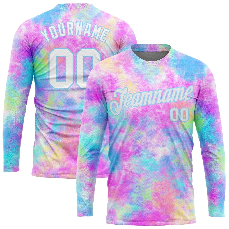 Functional And Stylish Unisex Outerwear Summer Fashion Custom Tie Dye White-Light Blue Watercolor Gradient 3D Long Sleeve Performance T-Shirt