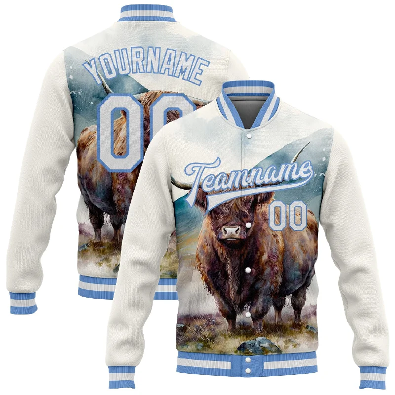 Urban-Inspired Unisex Fashion Trends Easy Elegance Sales Custom White Light Blue A Bull In Tropical Exotic Jungle 3D Pattern Design Bomber Full-Snap Varsity Letterman Jacket