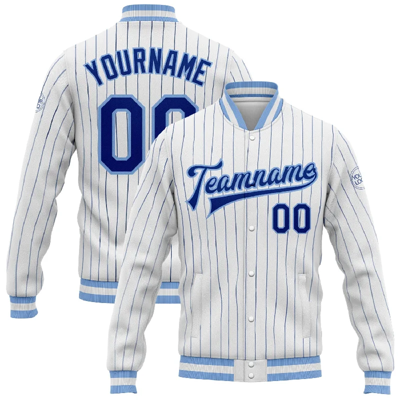 Versatile Gender-Free Wardrobe Essentials Big Savings Custom White Royal Pinstripe Light Blue Bomber Full-Snap Varsity Letterman Jacket