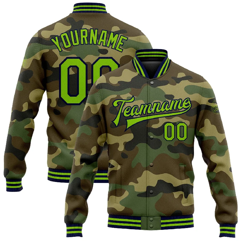 Sleek And Comfortable Unisex Wear Winter Warehouse Sale Custom Camo Neon Green-Navy Bomber Full-Snap Varsity Letterman Salute To Service Jacket