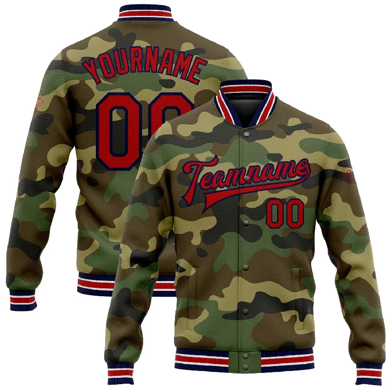 Soft And Breathable Unisex Loungewear You'Ll Love Us Because Custom Camo Red-Navy Bomber Full-Snap Varsity Letterman Salute To Service Jacket