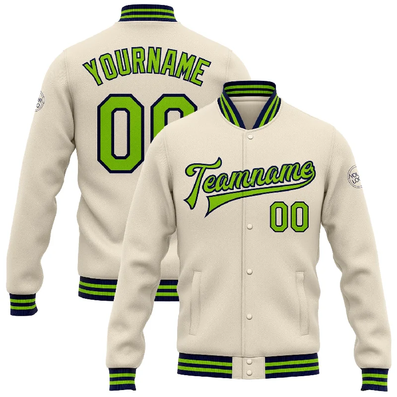 High-Quality Unisex Basics For Everyday Wear Top Deals Custom Cream Neon Green-Navy Bomber Full-Snap Varsity Letterman Jacket