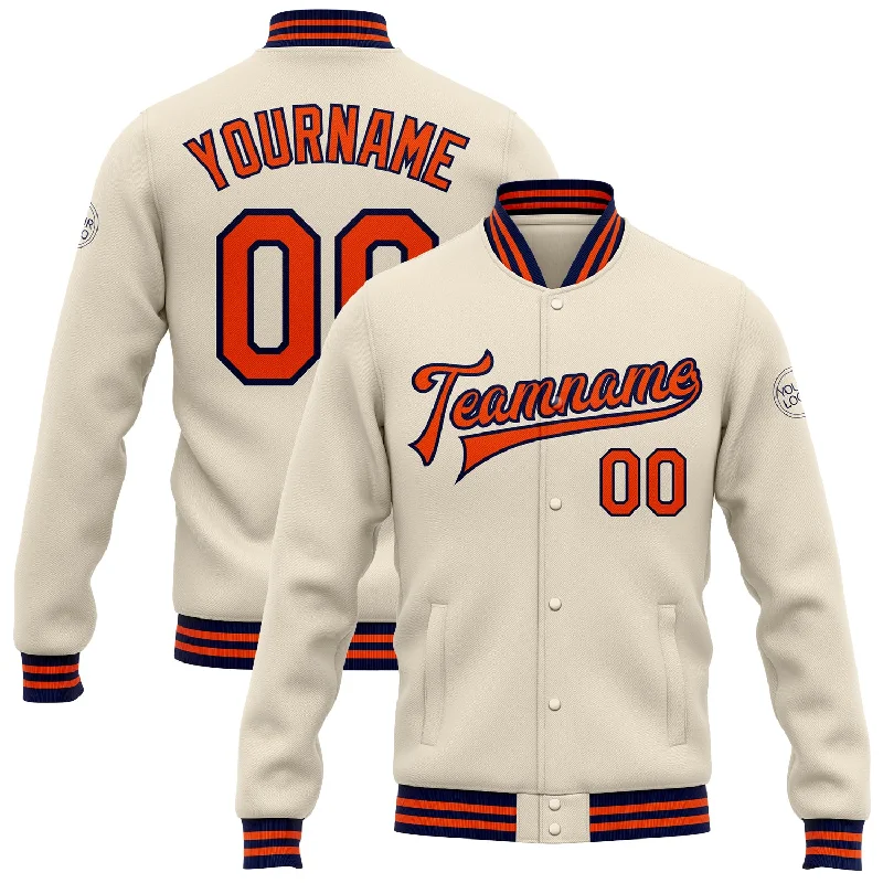 Versatile And Stylish Unisex Apparel Hot Items Custom Cream Orange-Navy Bomber Full-Snap Varsity Letterman Jacket