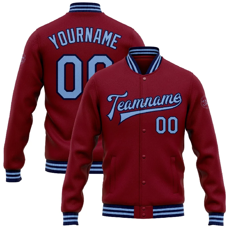 Unisex Casual Wear For All Seasons Everyday Elegance Sale Custom Crimson Light Blue-Navy Bomber Full-Snap Varsity Letterman Jacket