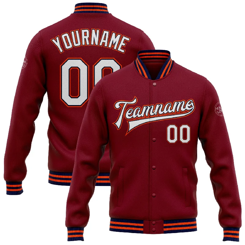 Oversized Unisex Apparel For Effortless Style Cozy Chic Promotions Custom Crimson White Navy-Orange Bomber Full-Snap Varsity Letterman Jacket