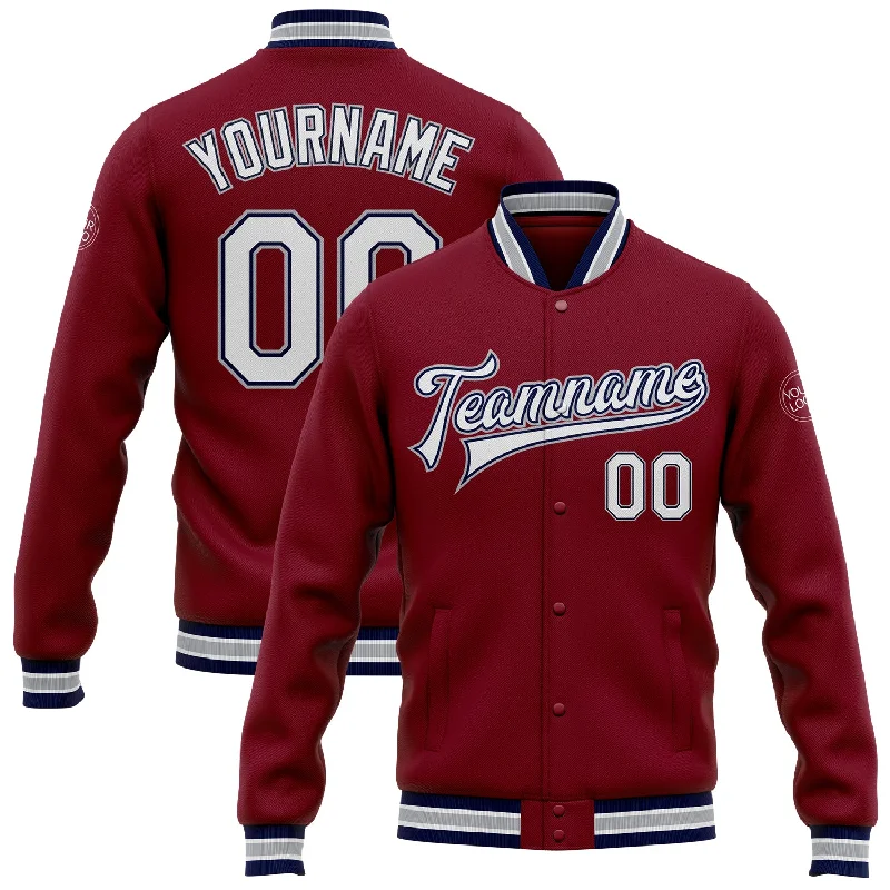 Everyday Wear For Men And Women Vintage-Inspired Style Offers Custom Crimson White Navy-Gray Bomber Full-Snap Varsity Letterman Jacket