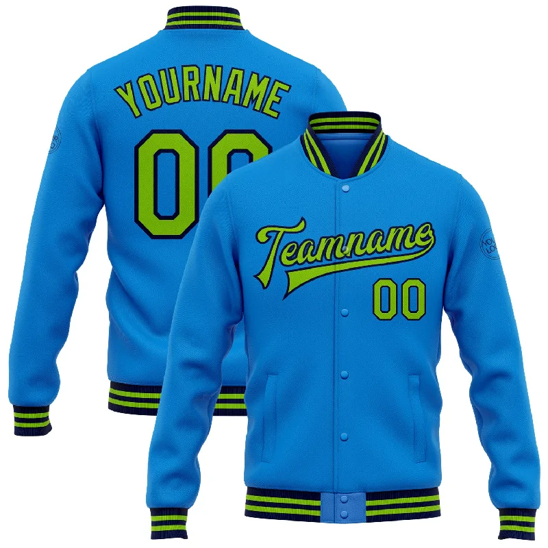 Sustainable And Ethical Unisex Clothing Fashionable Comfort Promotions Custom Powder Blue Neon Green-Navy Bomber Full-Snap Varsity Letterman Jacket