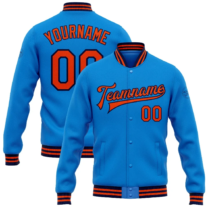 Sleek And Comfortable Unisex Wear The Good Stuff Custom Powder Blue Orange-Navy Bomber Full-Snap Varsity Letterman Jacket