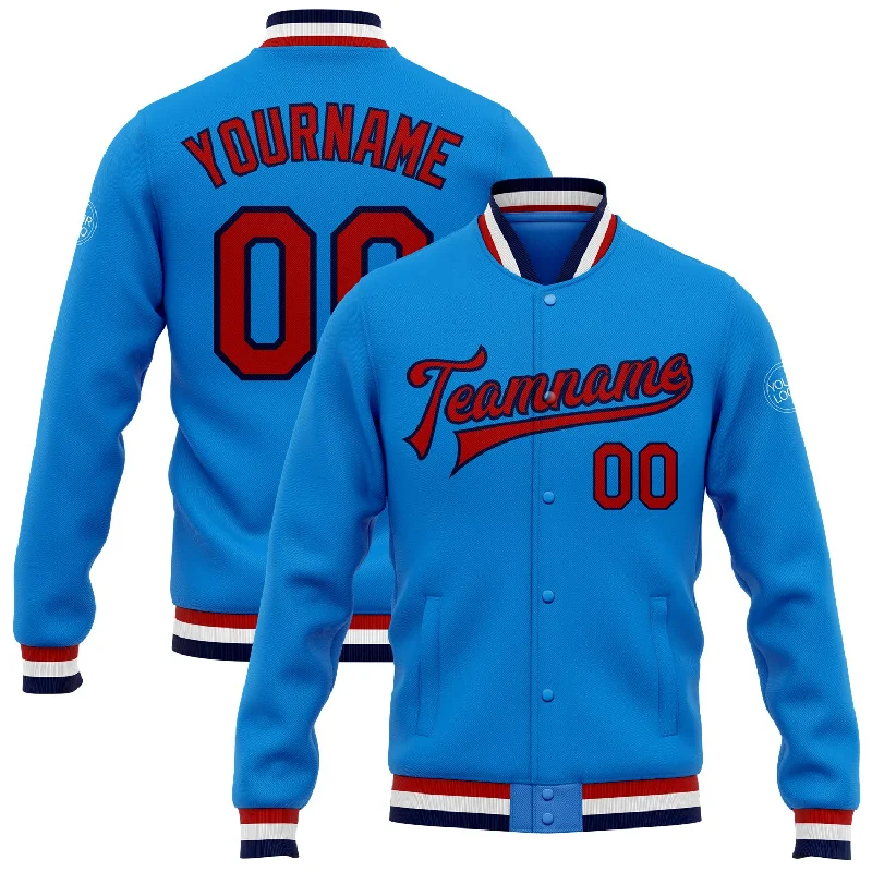 Functional And Stylish Unisex Wear Stupidly Low Prices Custom Powder Blue Red-Navy Bomber Full-Snap Varsity Letterman Jacket