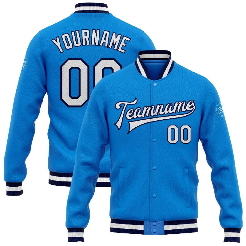 Bold And Trendy Gender-Neutral Outfits Huge Discounts This Week Custom Powder Blue White-Navy Bomber Full-Snap Varsity Letterman Jacket