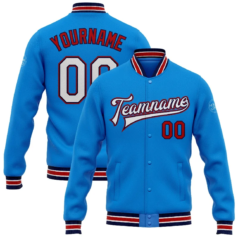 Stylish Unisex Outfit Ideas Feminine Style Promotions Custom Powder Blue White Navy-Red Bomber Full-Snap Varsity Letterman Jacket