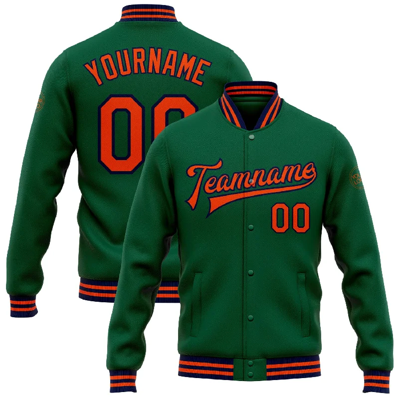 Everyday Wear For Men And Women Chic Trends Unveiled Custom Kelly Green Orange-Navy Bomber Full-Snap Varsity Letterman Jacket