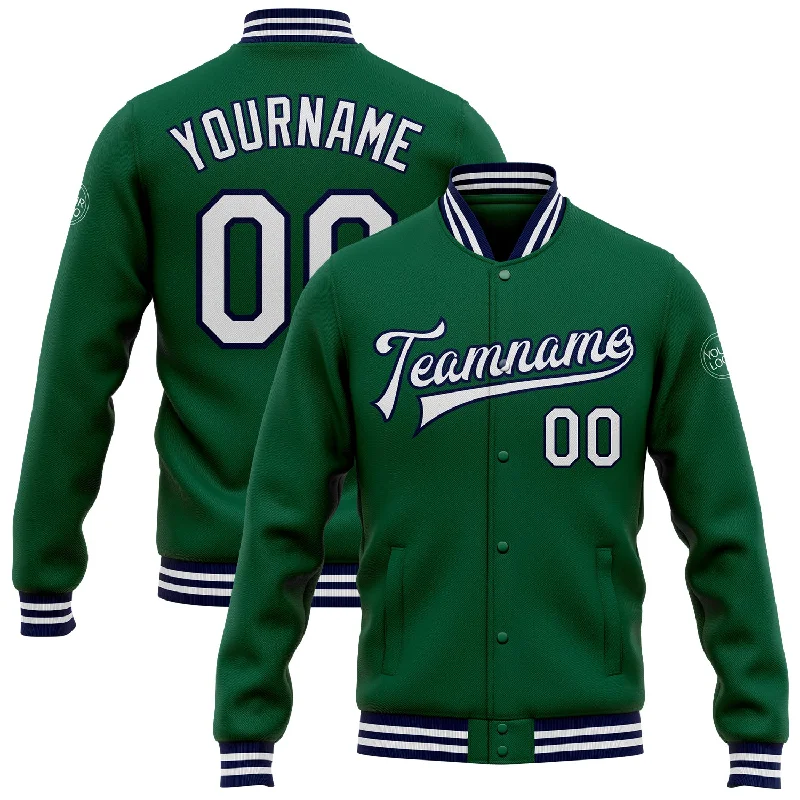 All-Season Unisex Clothing Collection Fashion Forward, Function First Custom Kelly Green White-Navy Bomber Full-Snap Varsity Letterman Jacket