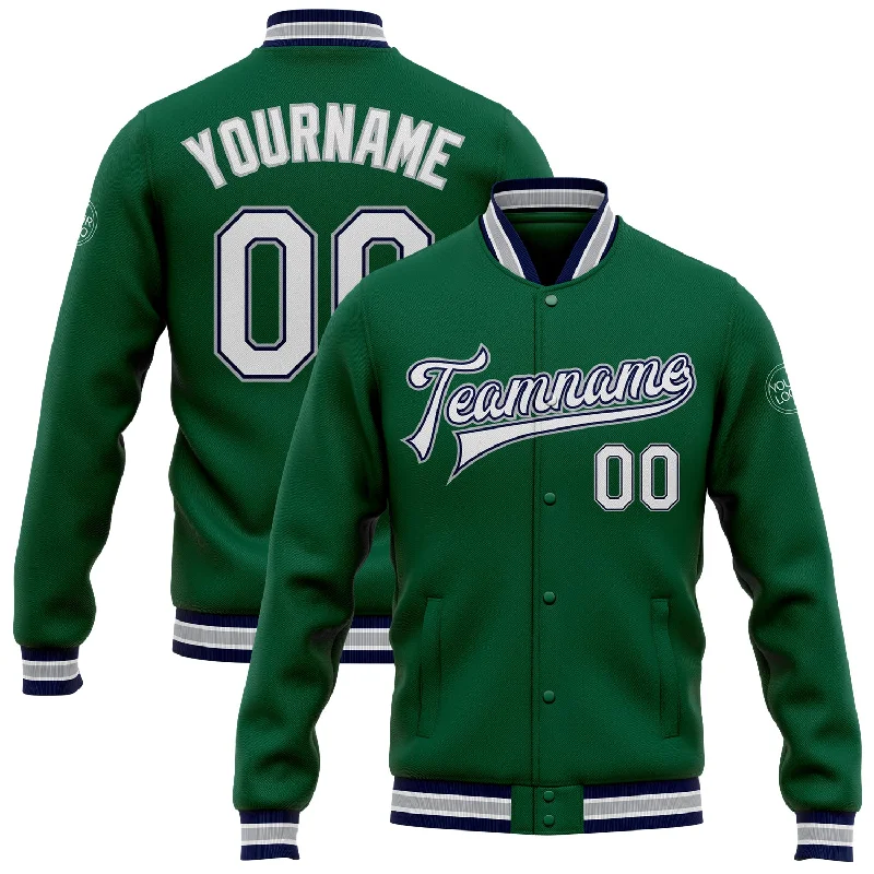 Functional And Stylish Unisex Wear Unleash Your Trendy Side Custom Kelly Green White Navy-Gray Bomber Full-Snap Varsity Letterman Jacket