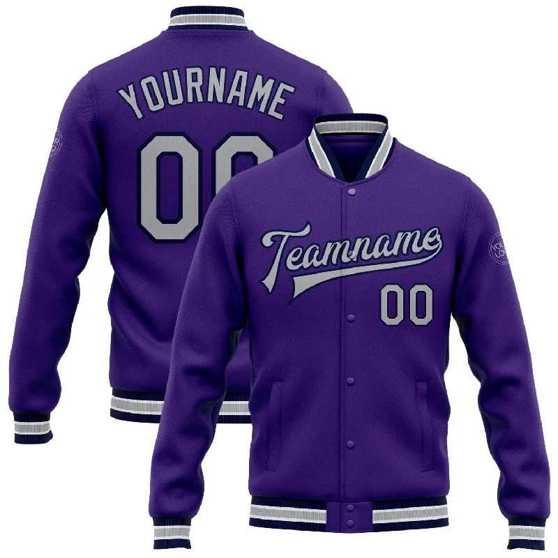 Unisex Casual Fashion Trends Elegant Style Custom Purple Gray-Navy Bomber Full-Snap Varsity Letterman Jacket