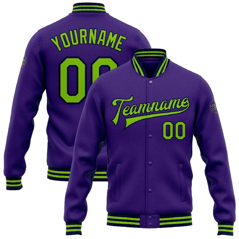 Sleek And Stylish Unisex Outerwear Trend Alert Custom Purple Neon Green-Navy Bomber Full-Snap Varsity Letterman Jacket