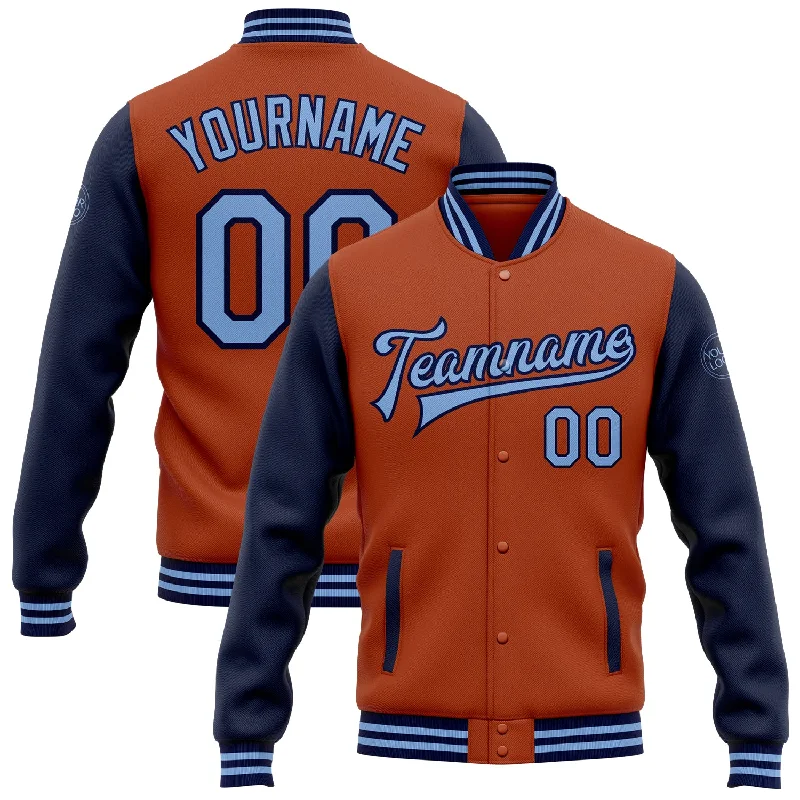 Oversized Unisex Apparel For Effortless Style Trendy Fashion Sale Custom Texas Orange Light Blue-Navy Bomber Full-Snap Varsity Letterman Two Tone Jacket