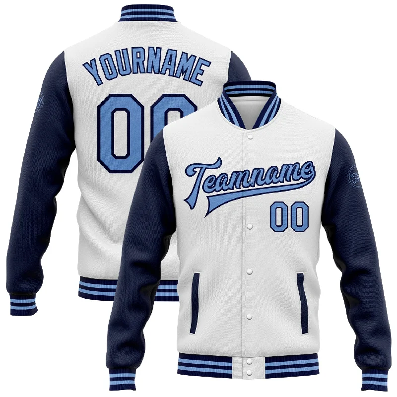 Urban Unisex Fashion Outfits Effortless Style, Endless Impact Custom White Light Blue-Navy Bomber Full-Snap Varsity Letterman Two Tone Jacket