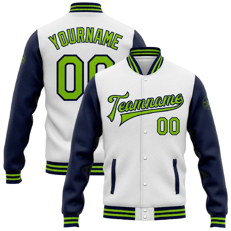 Trendy Unisex Stylish Statements Custom White Neon Green-Navy Bomber Full-Snap Varsity Letterman Two Tone Jacket