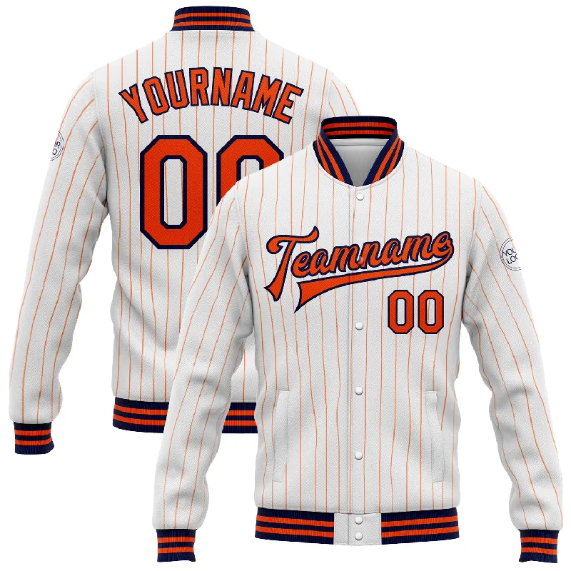 Elegant And Minimal Gender-Free Clothing Stylish Statements Custom White Orange Pinstripe Navy Bomber Full-Snap Varsity Letterman Jacket