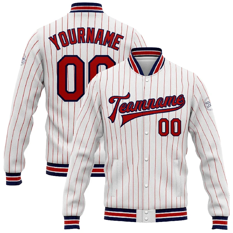 Fashion-Forward Gender-Neutral Outerwear Trend Leading Collection Custom White Red Pinstripe Navy Bomber Full-Snap Varsity Letterman Jacket