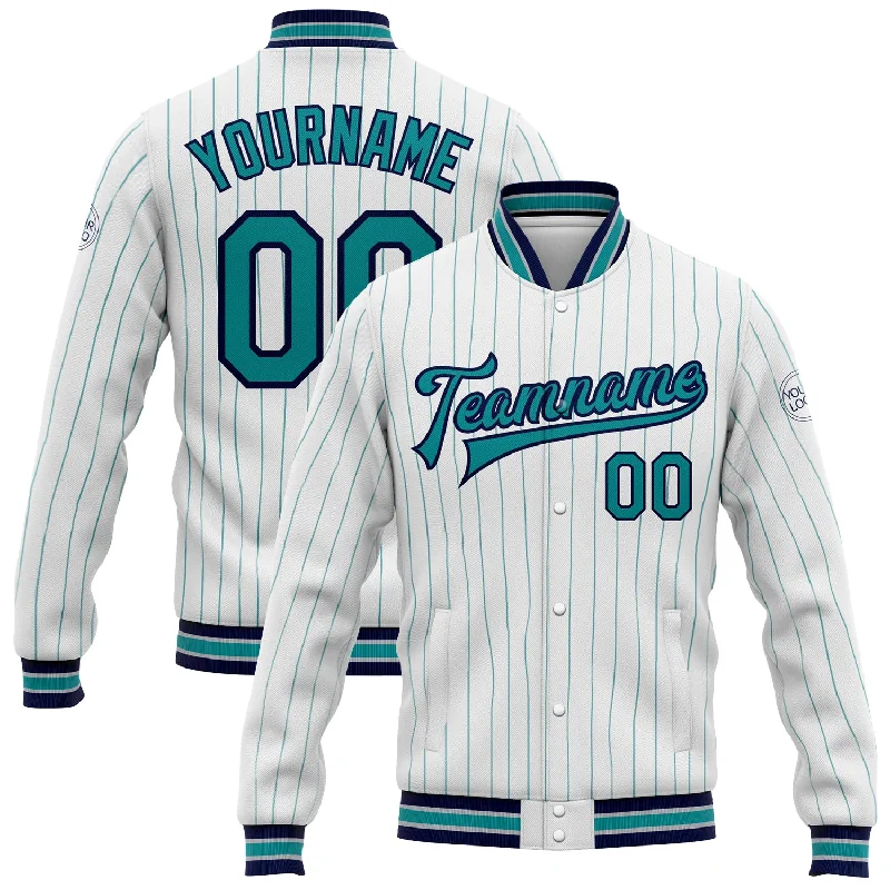 High-Quality Unisex Fashion Basics Bid Farewell To The Old Season Custom White Teal Pinstripe Navy Bomber Full-Snap Varsity Letterman Jacket