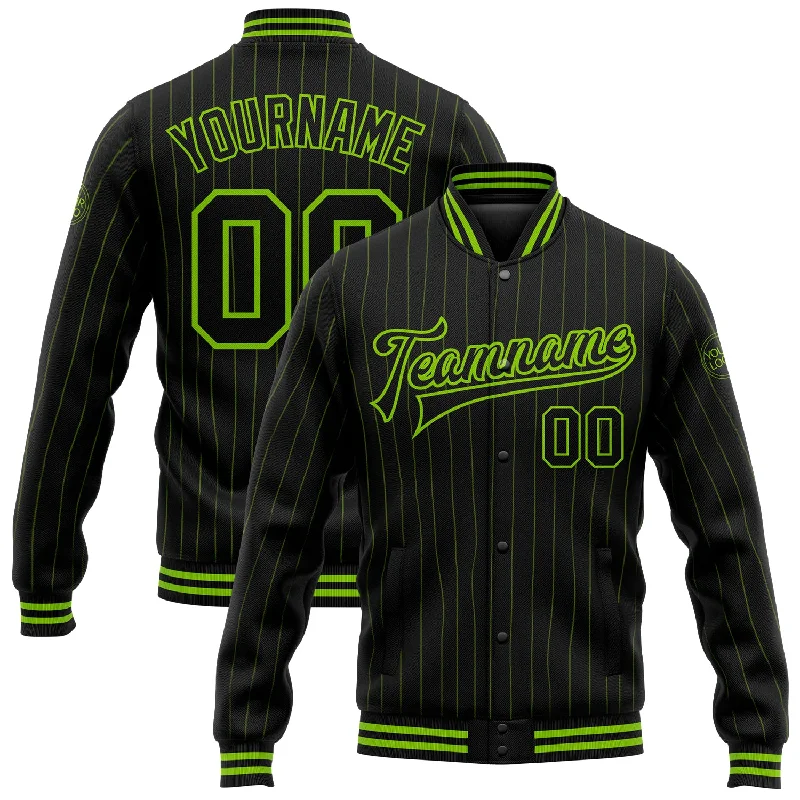 Trendy Unisex Streetwear Fashion Insane Discount Onslaught Custom Black Neon Green Pinstripe Neon Green Bomber Full-Snap Varsity Letterman Jacket