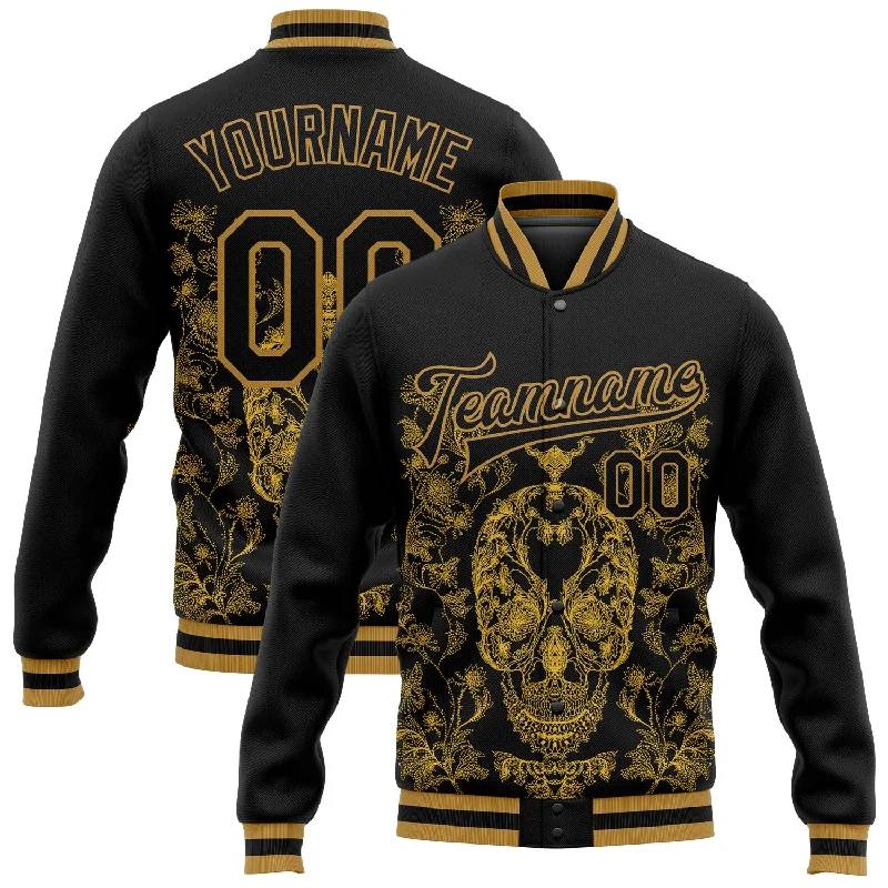 Modern Unisex Wardrobe Staples Swimwear Summer Blowout Custom Black Old Gold Skull Fashion 3D Bomber Full-Snap Varsity Letterman Jacket