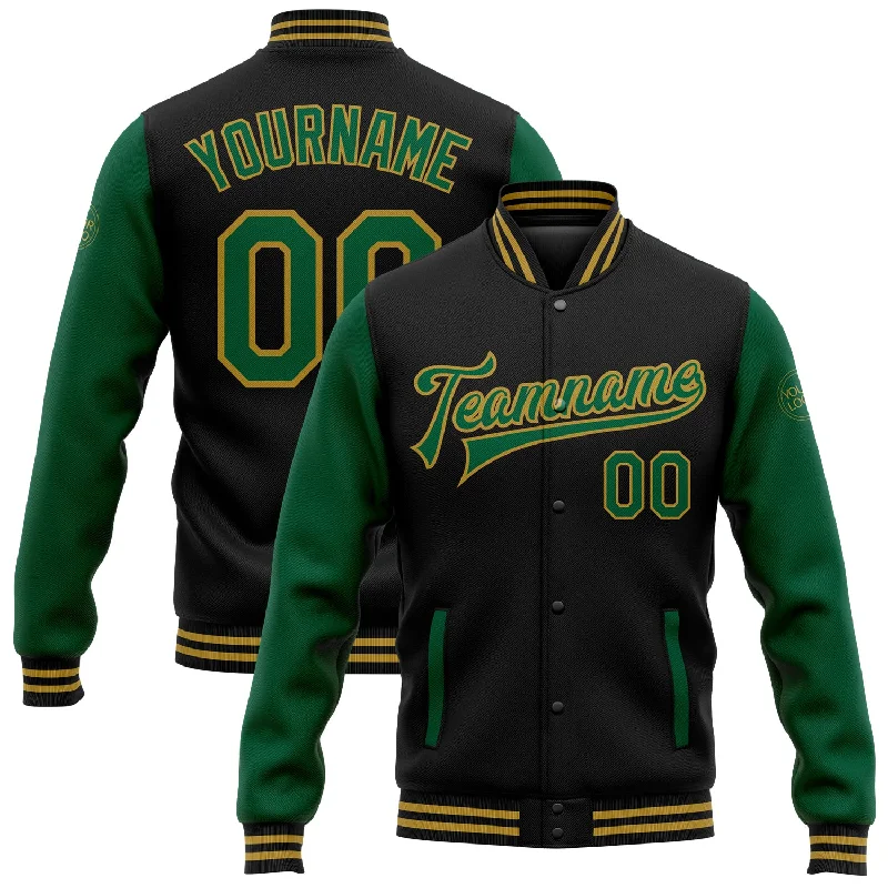 Modern Unisex Wardrobe Staples Exclusive Designer Style Deals Custom Black Kelly Green-Old Gold Bomber Full-Snap Varsity Letterman Two Tone Jacket