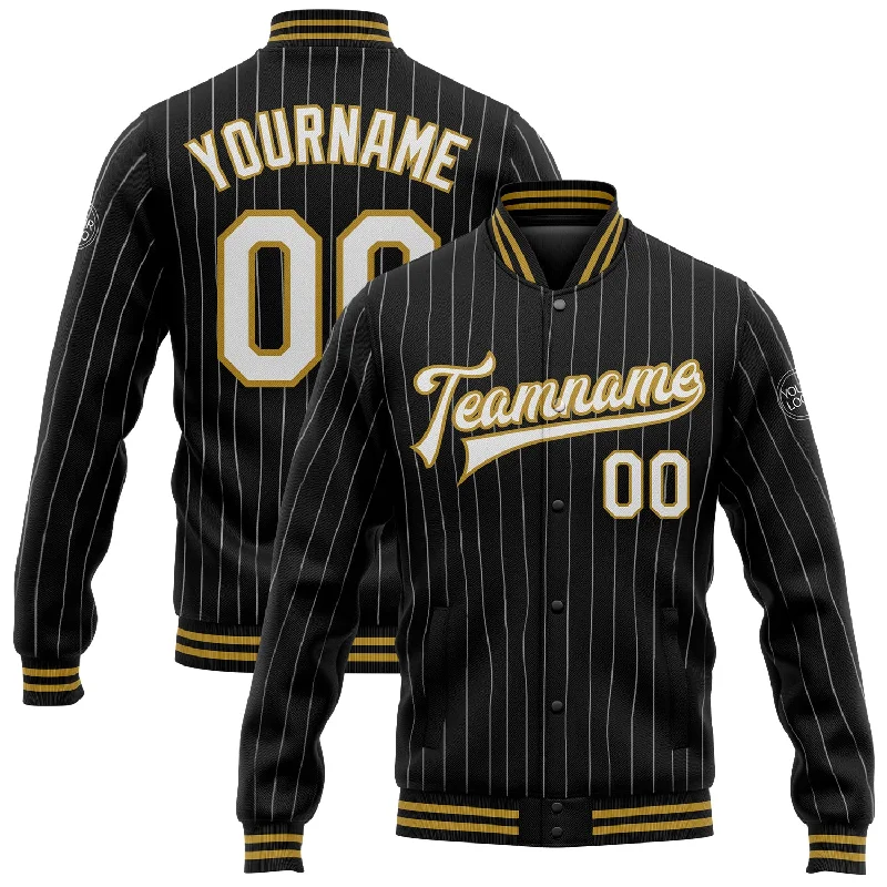 High-Quality Unisex Fashion Basics Discover Promotions Custom Black White Pinstripe Old Gold Bomber Full-Snap Varsity Letterman Jacket