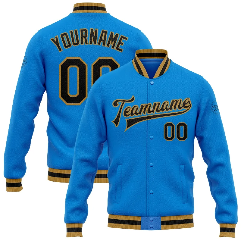 Unisex Everyday Fashion Essentials Limited Time Offer Custom Powder Blue Black-Old Gold Bomber Full-Snap Varsity Letterman Jacket