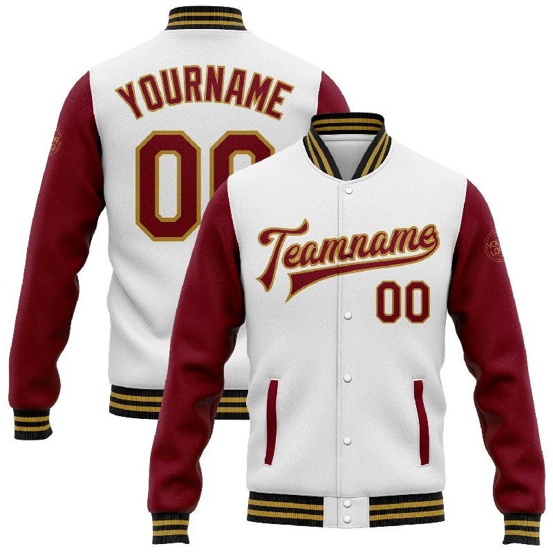 High-Quality Unisex Basics For All Occasions Dive Into Trendy Styles Custom White Crimson Old Gold-Black Bomber Full-Snap Varsity Letterman Two Tone Jacket