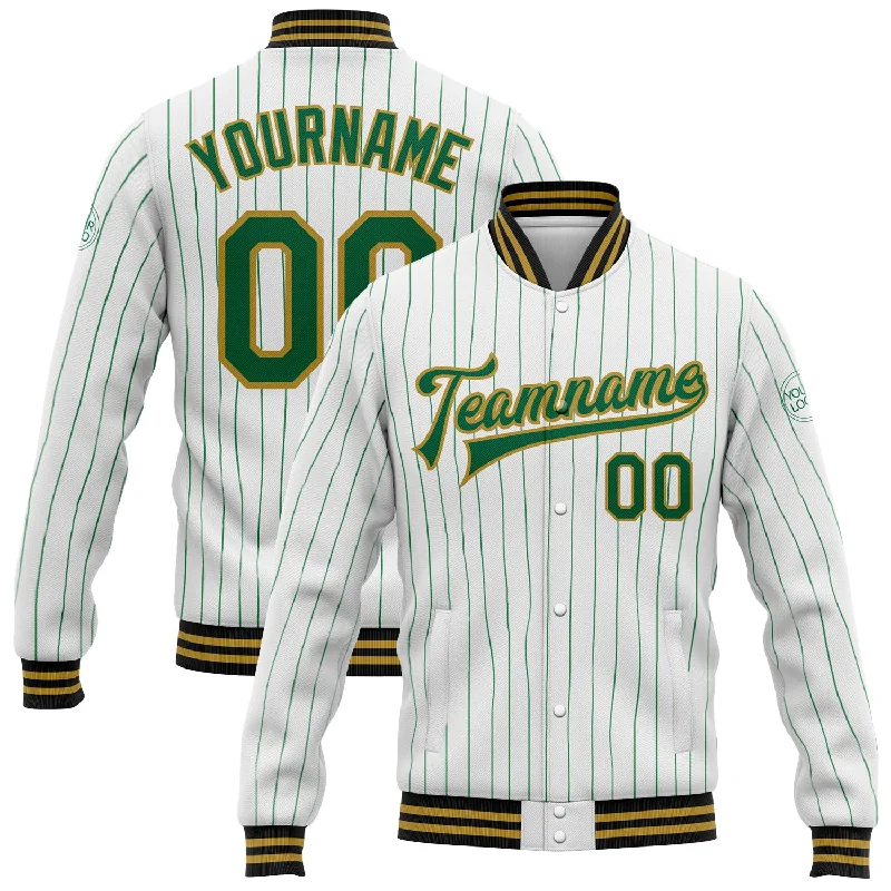 Chic And Contemporary Unisex Clothing Choices Break Fashion Norms Custom White Kelly Green Pinstripe Old Gold-Black Bomber Full-Snap Varsity Letterman Jacket