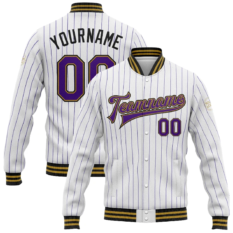 Classic And Timeless Unisex Style Additional Time-Limited Offers Custom White Purple Pinstripe Old Gold-Black Bomber Full-Snap Varsity Letterman Jacket