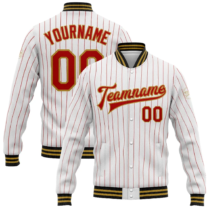 Bold And Trendy Gender-Neutral Outfits Fashion Sale Custom White Red Pinstripe Old Gold-Black Bomber Full-Snap Varsity Letterman Jacket