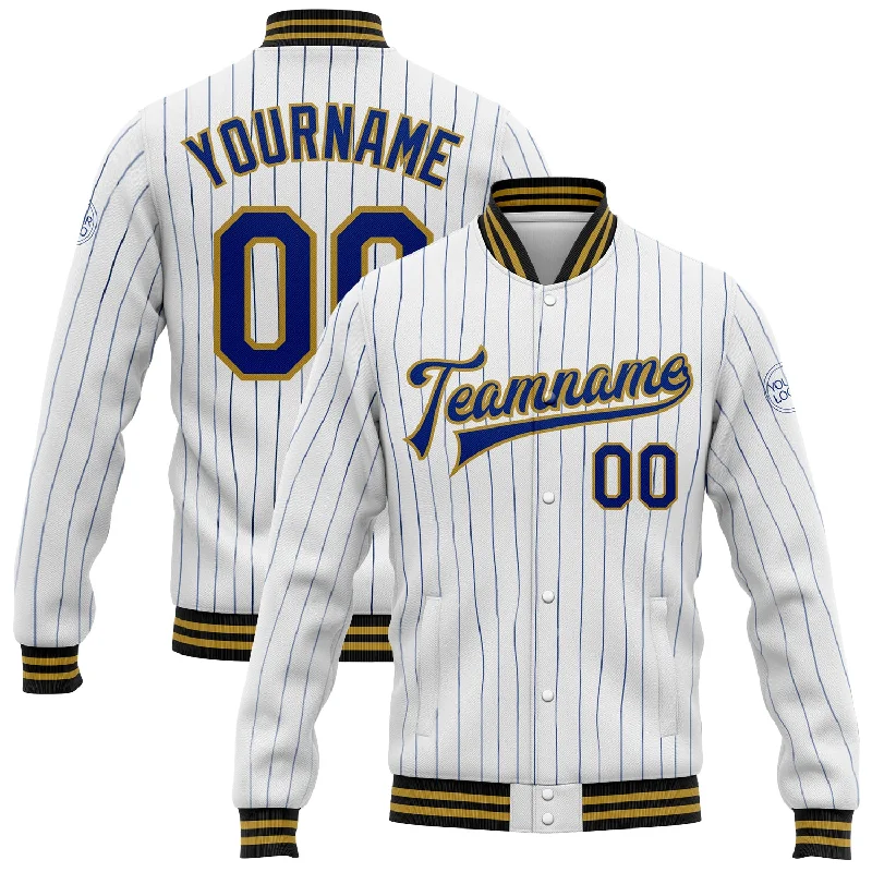 Soft And Breathable Unisex Loungewear Cool Prices Custom White Royal Pinstripe Old Gold-Black Bomber Full-Snap Varsity Letterman Jacket