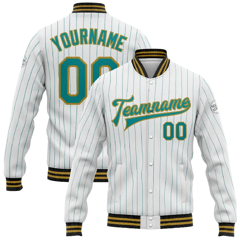 Everyday Wear For Men And Women Special Offer For You Custom White Teal Pinstripe Old Gold-Black Bomber Full-Snap Varsity Letterman Jacket