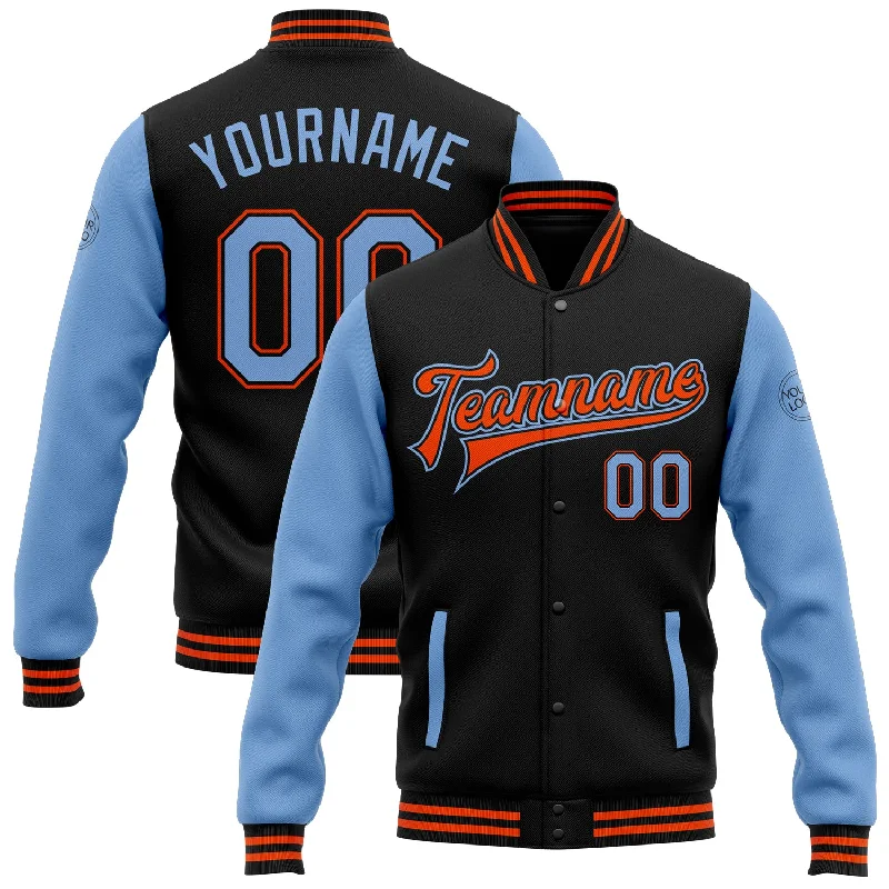 Fashion-Forward Gender-Neutral Outfit Ideas Feminine Luxe Style Sale Custom Black Light Blue-Orange Bomber Full-Snap Varsity Letterman Two Tone Jacket