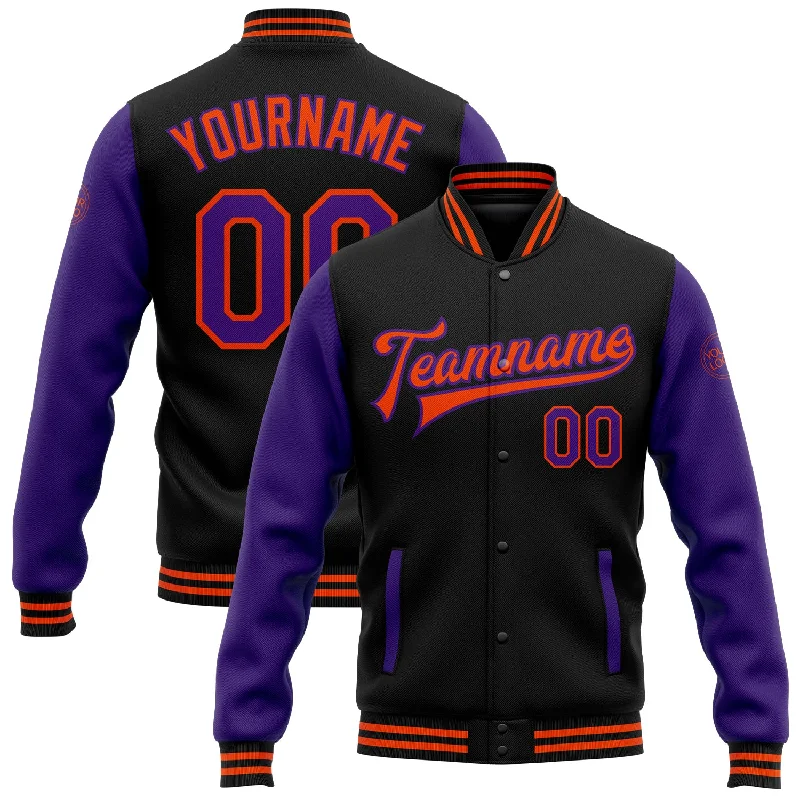 High-Quality Unisex Basics For Everyday Wear Vintage-Inspired Style Offers Custom Black Purple-Orange Bomber Full-Snap Varsity Letterman Two Tone Jacket