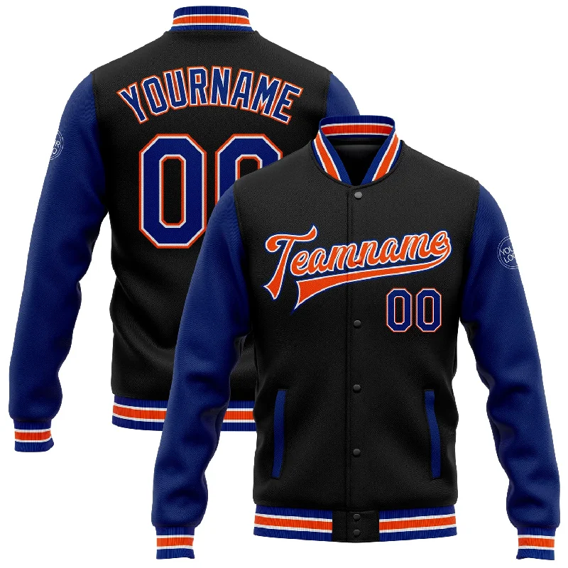 High-Quality Unisex Basics For All Occasions Exclusive Deals Online Custom Black Royal-Orange Bomber Full-Snap Varsity Letterman Two Tone Jacket