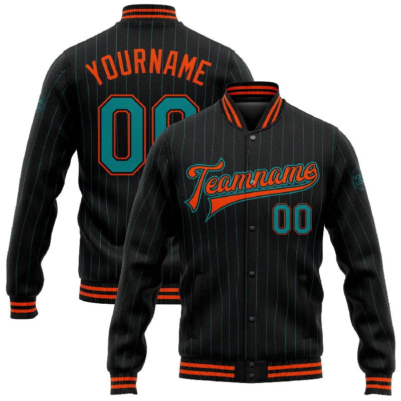 Fashion-Forward Gender-Neutral Outfit Ideas Huge Discounts This Week Custom Black Teal Pinstripe Orange Bomber Full-Snap Varsity Letterman Jacket