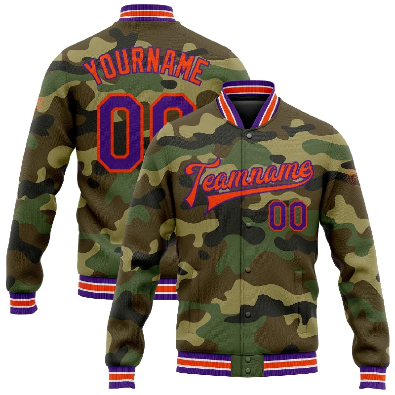 Modern Unisex Wardrobe Staples Limited Time Offer Custom Camo Purple-Orange Bomber Full-Snap Varsity Letterman Salute To Service Jacket