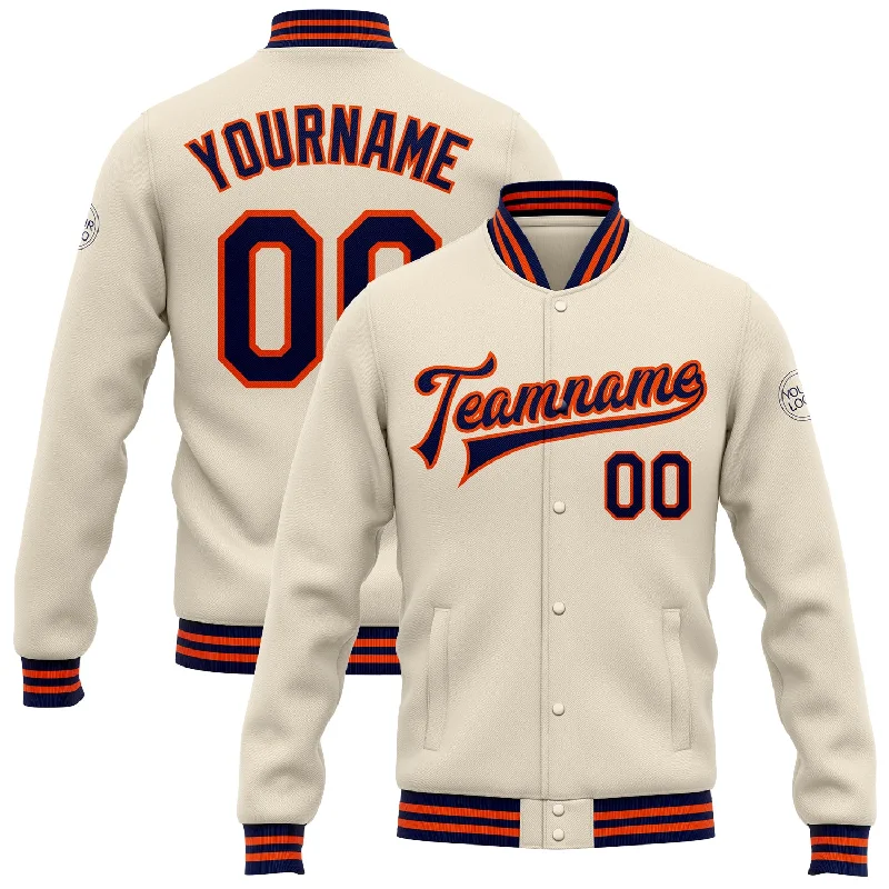 Oversized And Relaxed Unisex Fashion Best Deals Of The Season Custom Cream Navy-Orange Bomber Full-Snap Varsity Letterman Jacket