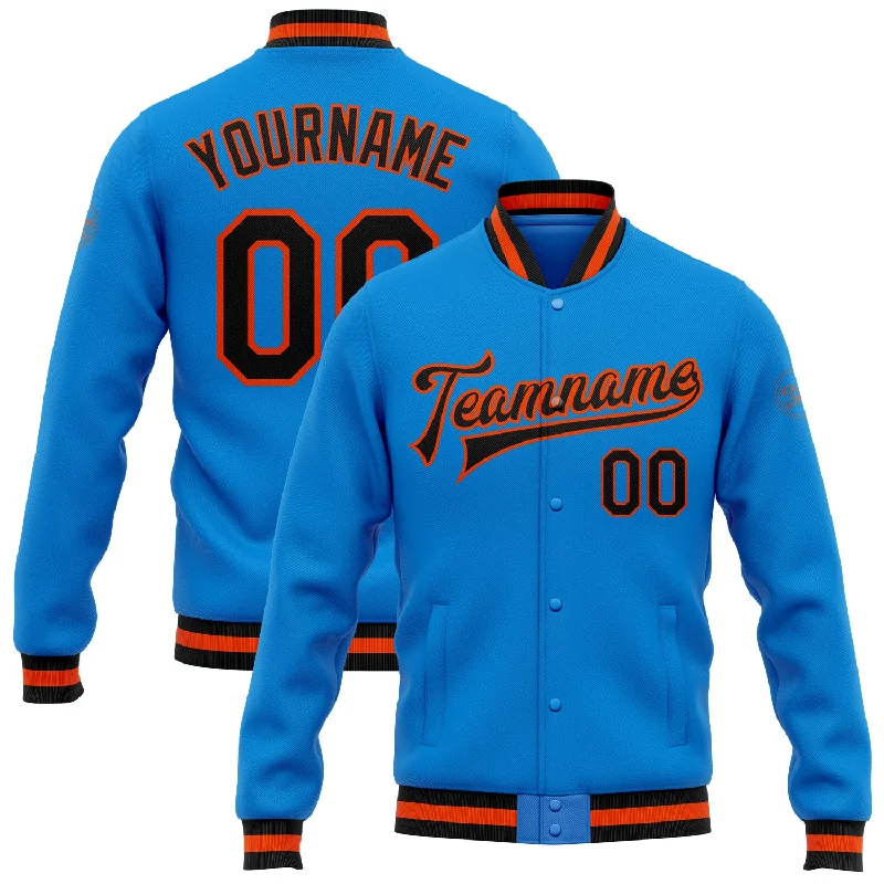 Versatile And Stylish Unisex Apparel Browse Our Top Products Custom Powder Blue Black-Orange Bomber Full-Snap Varsity Letterman Jacket