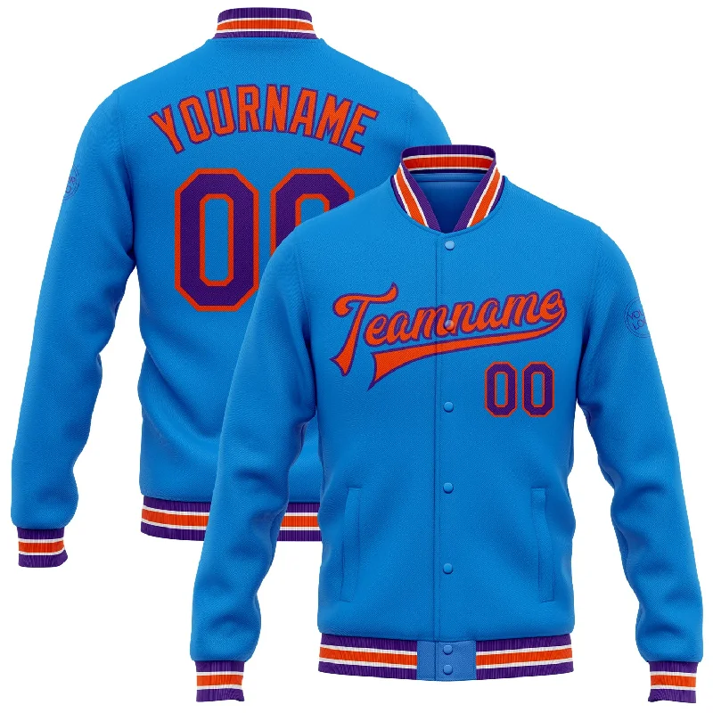 Urban-Inspired Unisex Fashion Trends Affordable Trendy Fashion Custom Powder Blue Purple-Orange Bomber Full-Snap Varsity Letterman Jacket