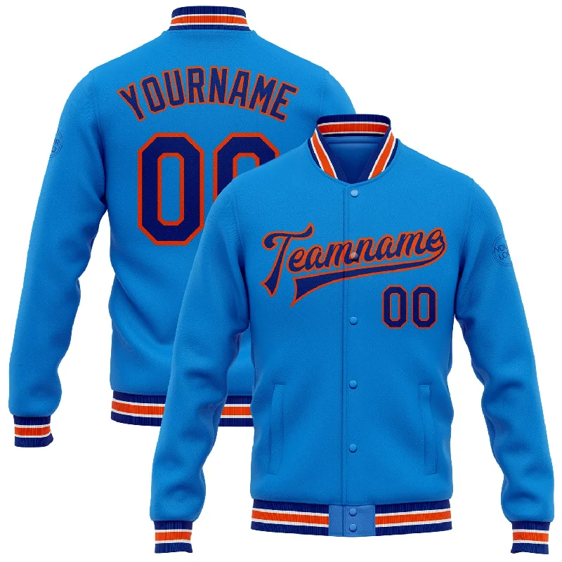 High-Quality Unisex Basics For All Occasions Fashion-Forward Offers Custom Powder Blue Royal-Orange Bomber Full-Snap Varsity Letterman Jacket