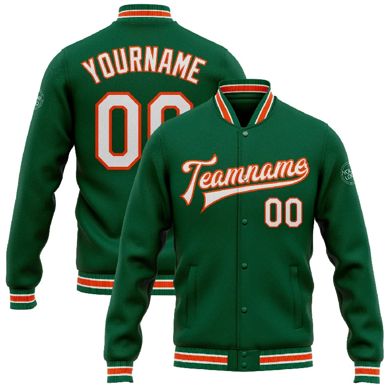 Classic And Timeless Unisex Style Ride The Style Wave Custom Kelly Green White-Orange Bomber Full-Snap Varsity Letterman Jacket